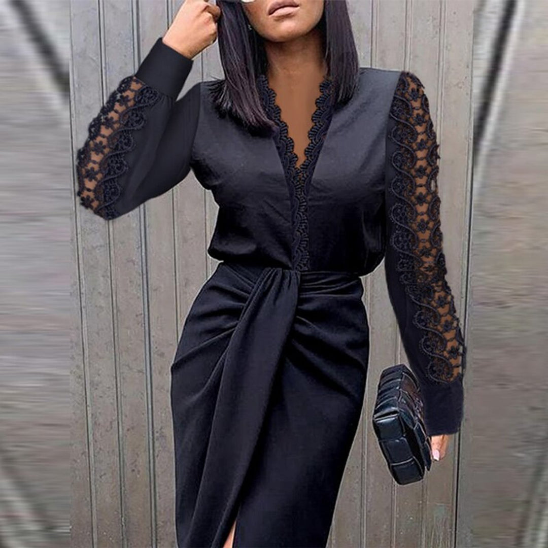 Women's Lace-Trim V-Neck Cocktail Party Dress Ruched Midi