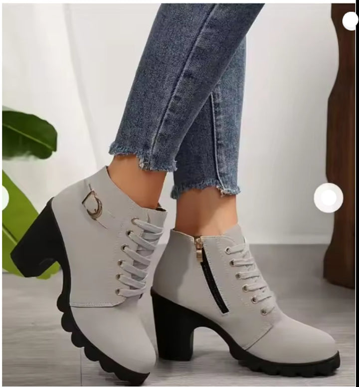 Women's Lace-Up Block Ankle Heeled Boots Buckle Platform