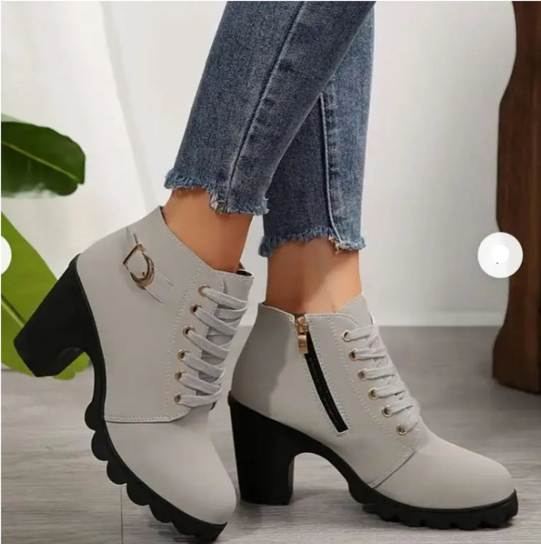 Women's Lace-Up Block Ankle Heeled Boots Buckle Platform