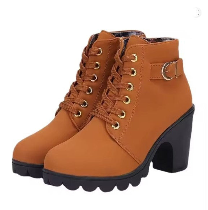 Women's Lace-Up Block Ankle Heeled Boots Buckle Platform