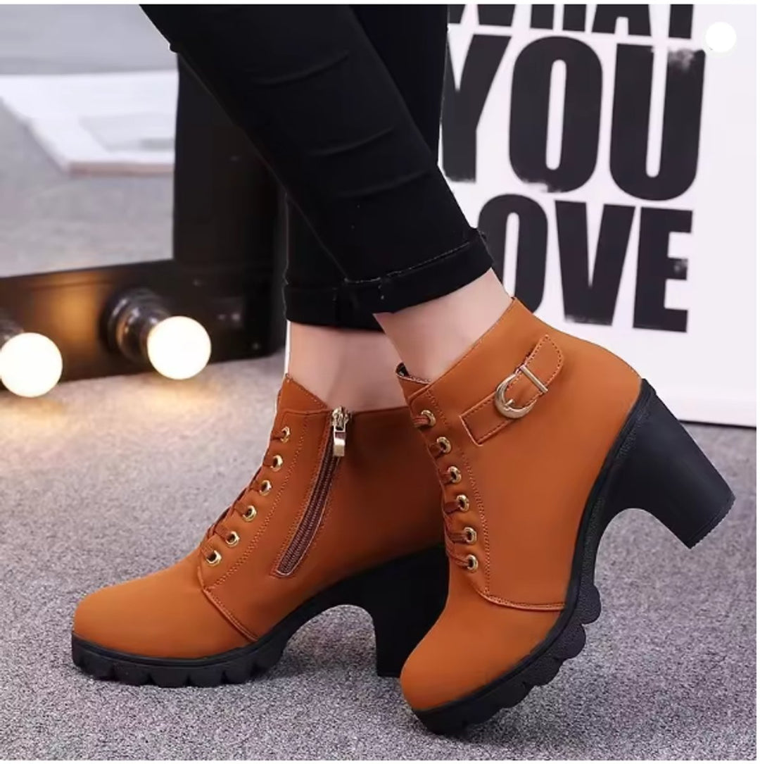 Women's Lace-Up Block Ankle Heeled Boots Buckle Platform