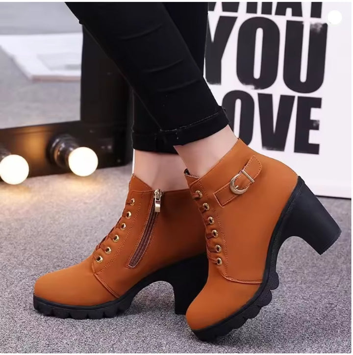 Women's Lace-Up Block Ankle Heeled Boots Buckle Platform