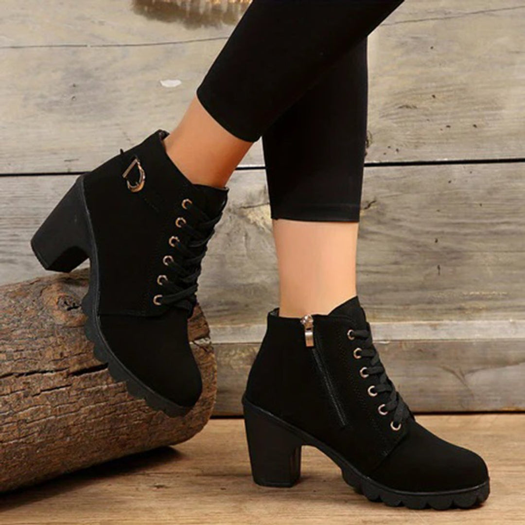 Women's Lace-Up Block Ankle Heeled Boots Buckle Platform