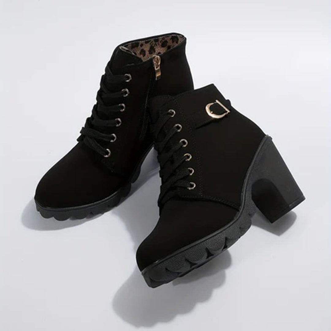 Women's Lace-Up Block Ankle Heeled Boots Buckle Platform