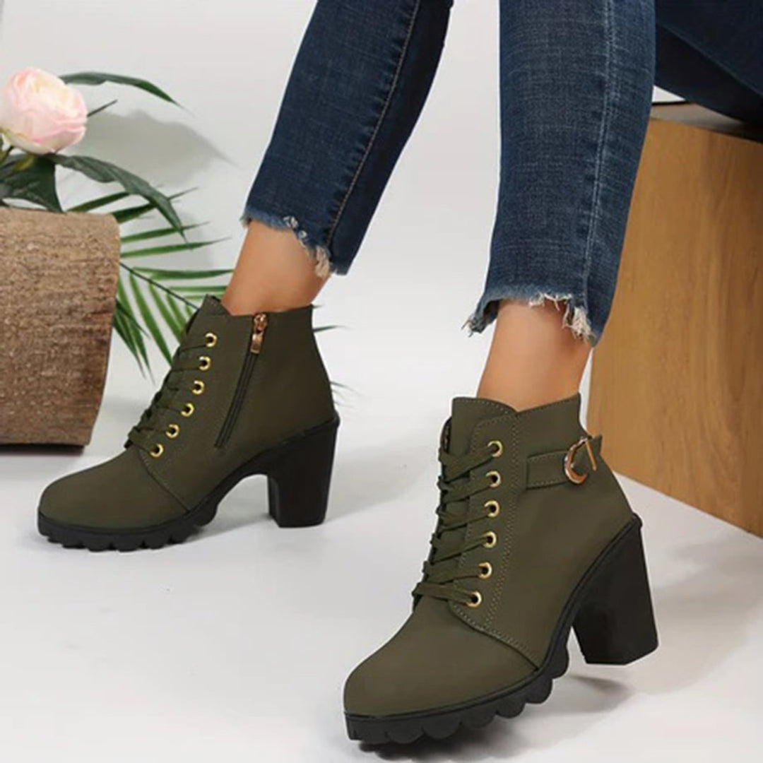 Women's Lace-Up Block Ankle Heeled Boots Buckle Platform