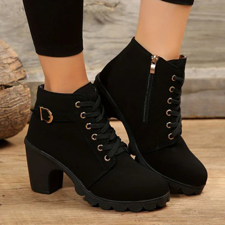 Women's Lace-Up Block Ankle Heeled Boots Buckle Platform