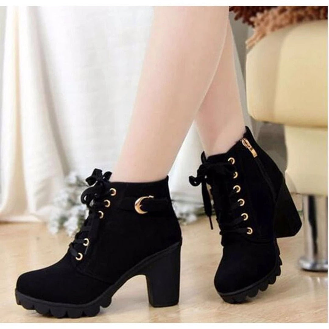 Women's Lace-Up Block-Heel Ankle Heeled Boots Gold-Eyelet Suede