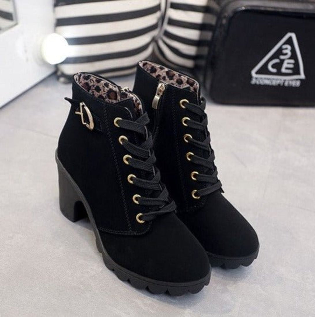 Women's Lace-Up Block-Heel Ankle Heeled Boots Gold-Eyelet Suede