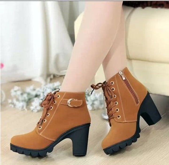 Women's Lace-Up Block-Heel Ankle Heeled Boots Gold-Eyelet Suede