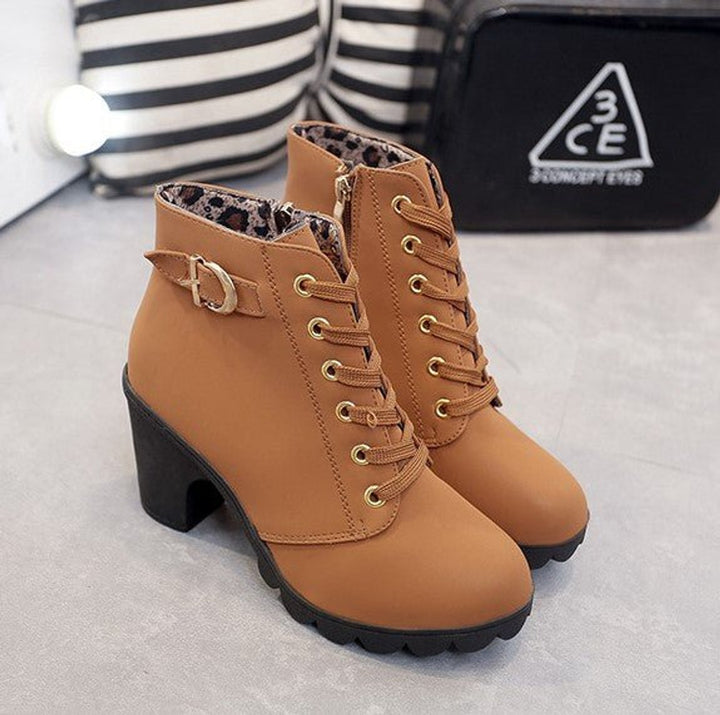 Women's Lace-Up Block-Heel Ankle Heeled Boots Gold-Eyelet Suede