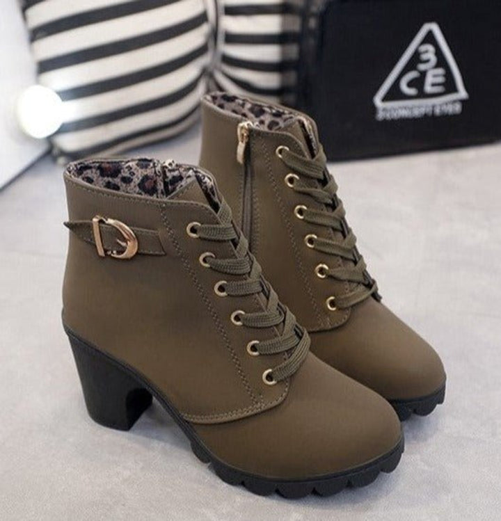 Women's Lace-Up Block-Heel Ankle Heeled Boots Gold-Eyelet Suede