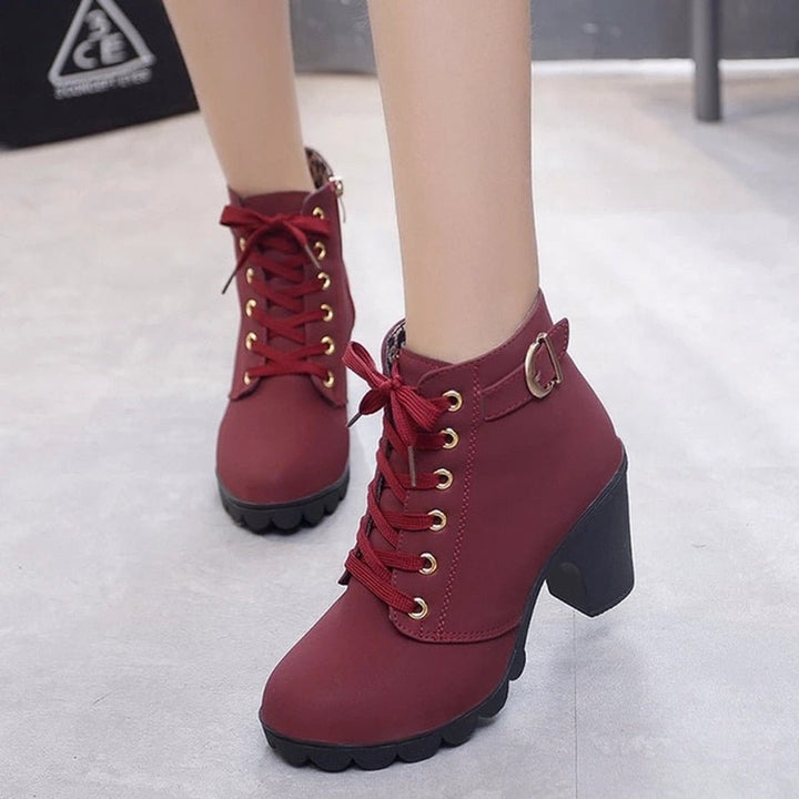 Women's Lace-Up Block-Heel Ankle Heeled Boots Gold-Eyelet Suede