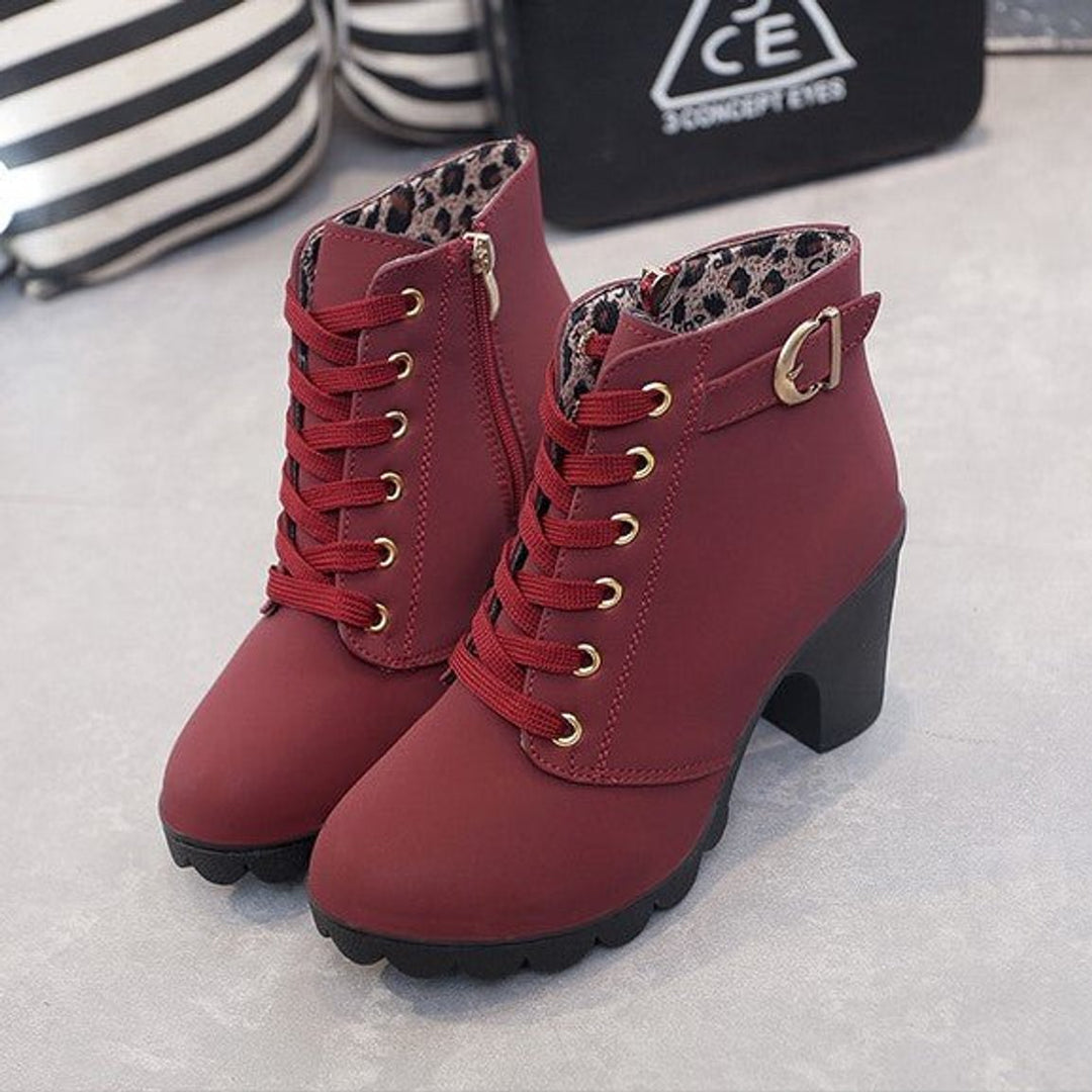Women's Lace-Up Block-Heel Ankle Heeled Boots Gold-Eyelet Suede