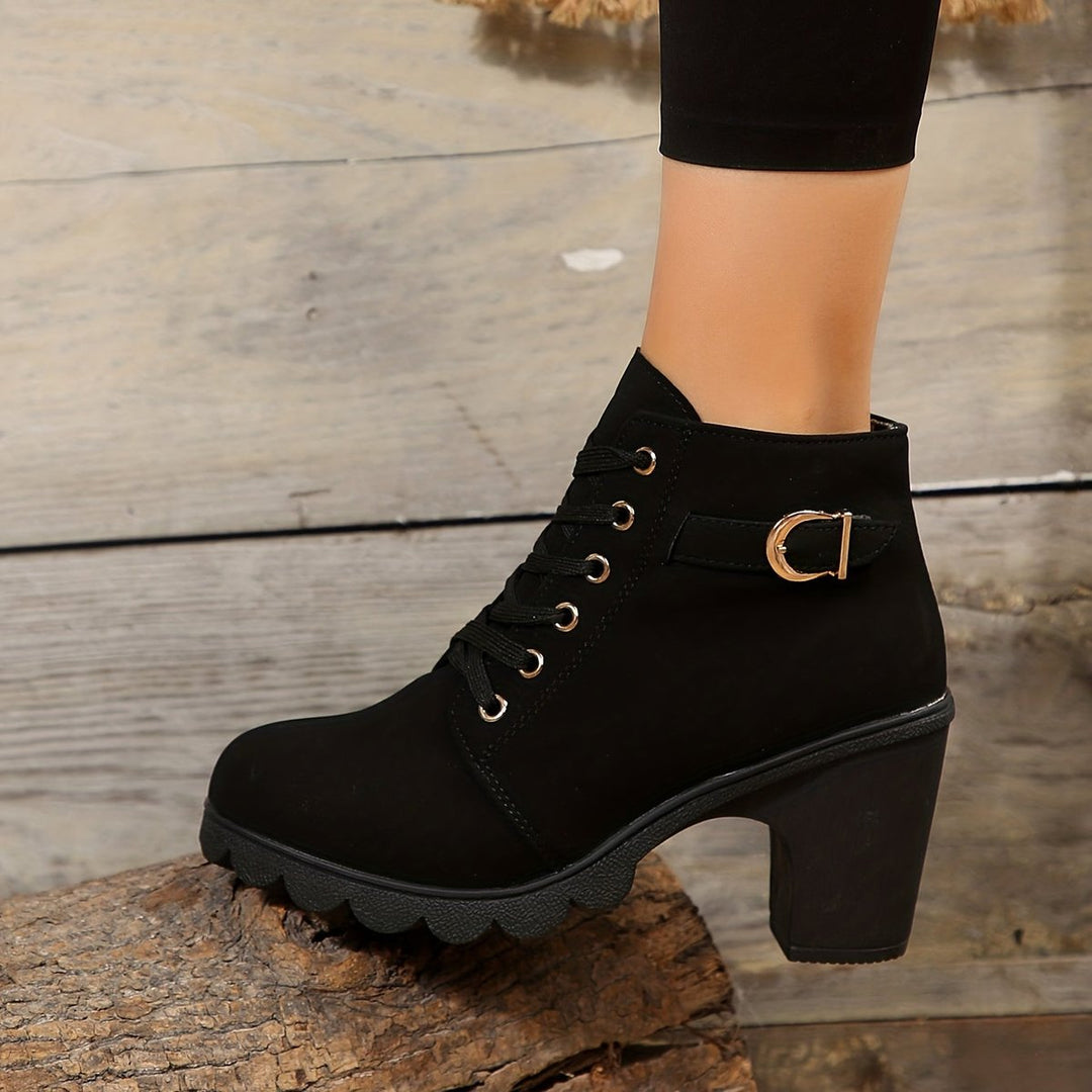 Women's Lace-Up Block-Heel Suede Ankle Heeled Boots Buckle Detail