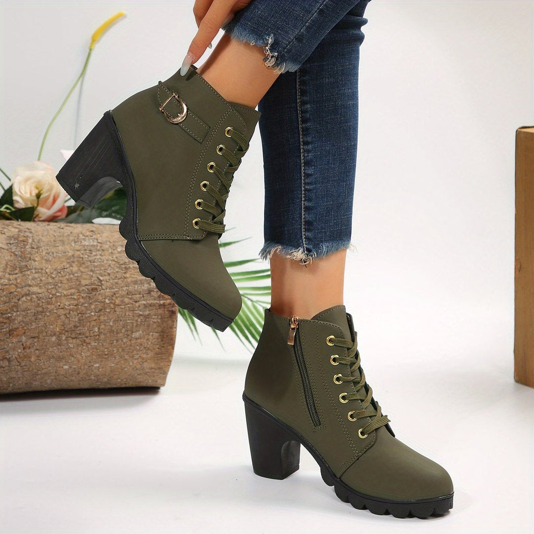 Women's Lace-Up Block-Heel Suede Ankle Heeled Boots Buckle Detail