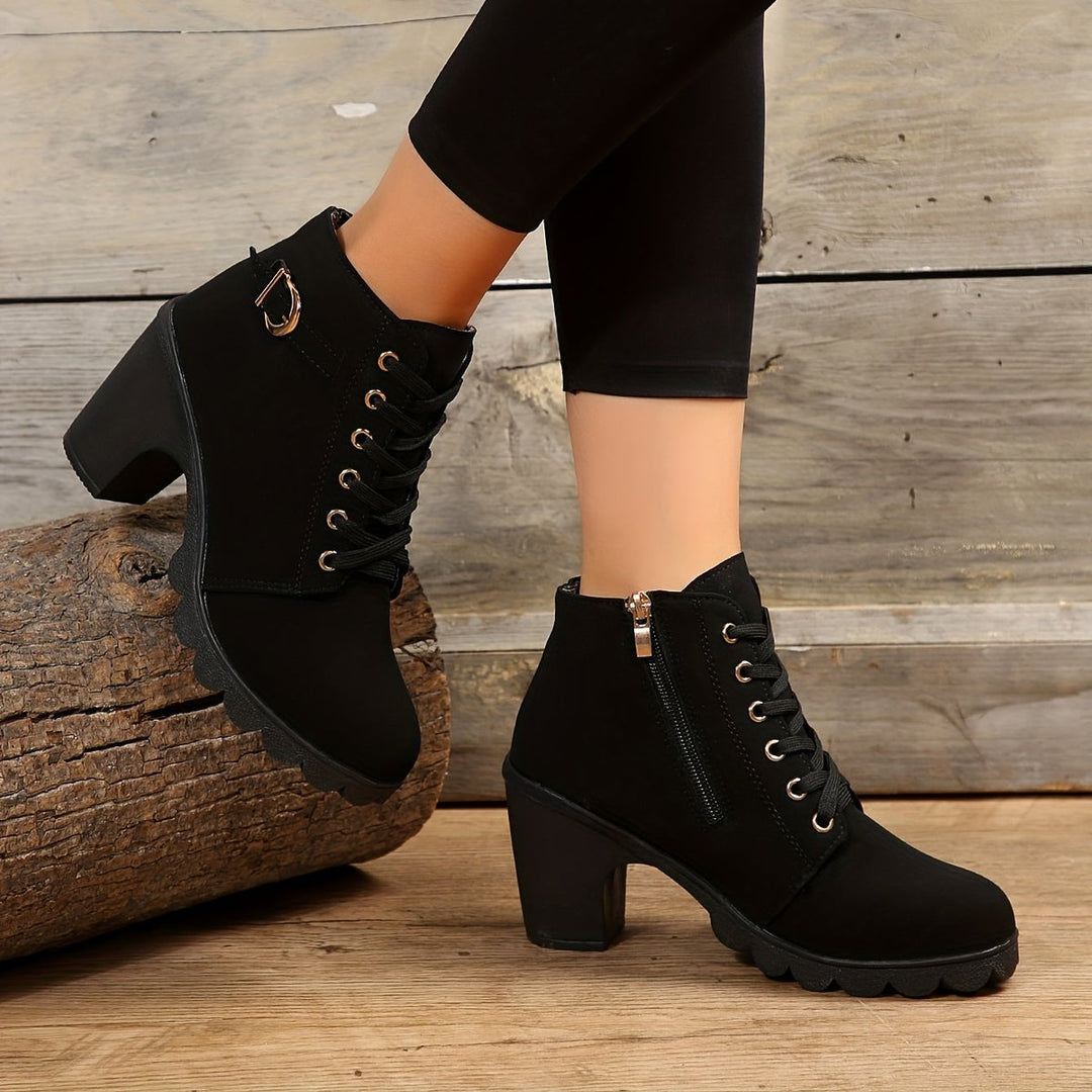 Women's Lace-Up Block-Heel Suede Ankle Heeled Boots Buckle Detail