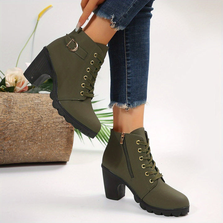 Women's Lace-Up Block-Heel Suede Ankle Heeled Boots Buckle Detail