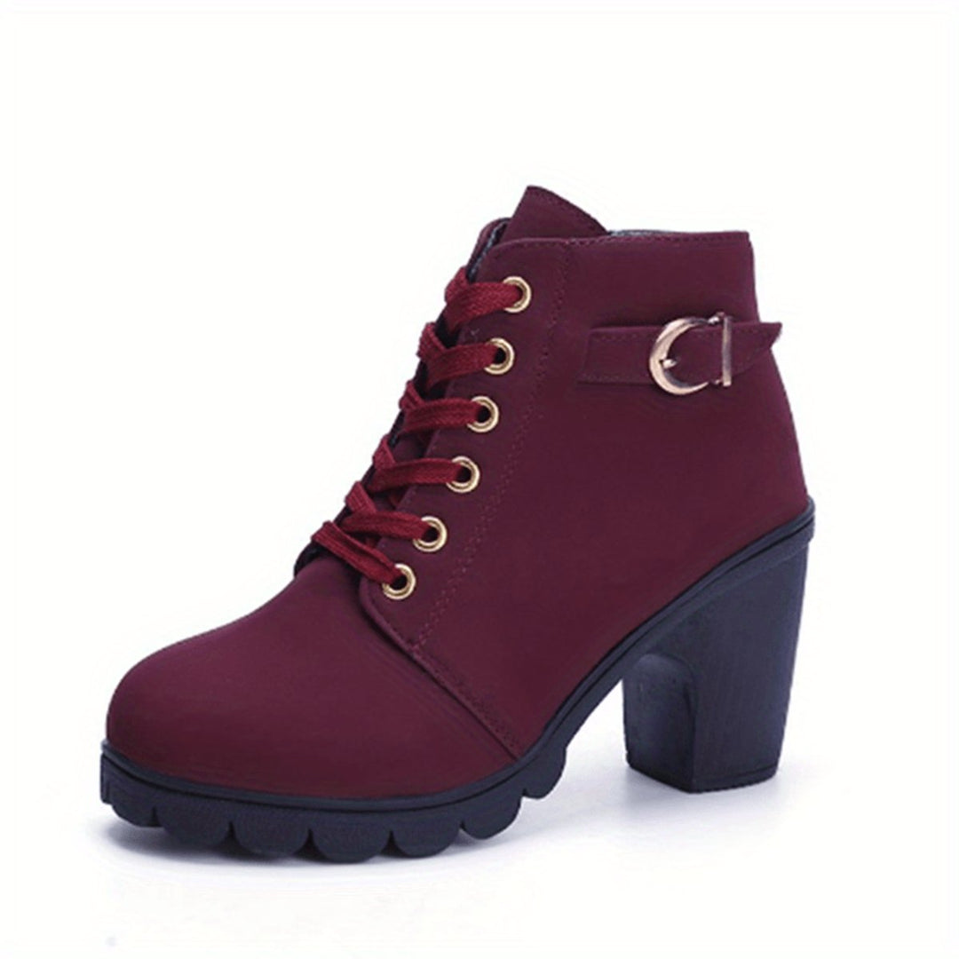 Women's Lace-Up Block-Heel Suede Ankle Heeled Boots Buckle Detail