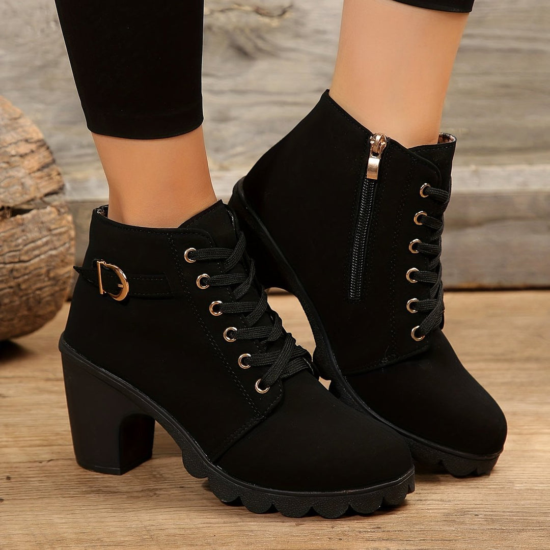 Women's Lace-Up Block-Heel Suede Ankle Heeled Boots Buckle Detail