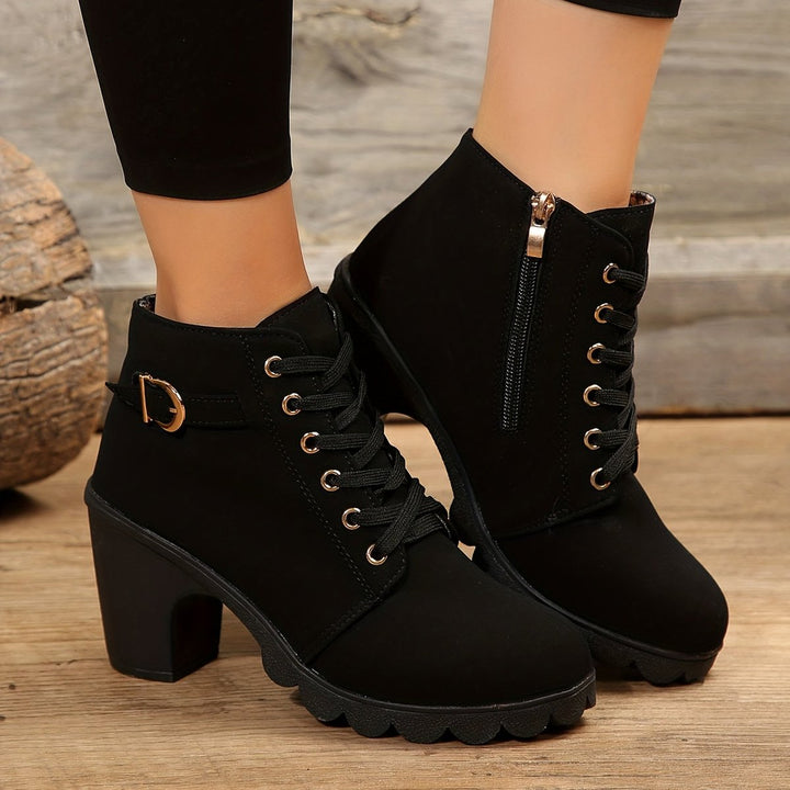 Women's Lace-Up Block-Heel Suede Ankle Heeled Boots Buckle Detail