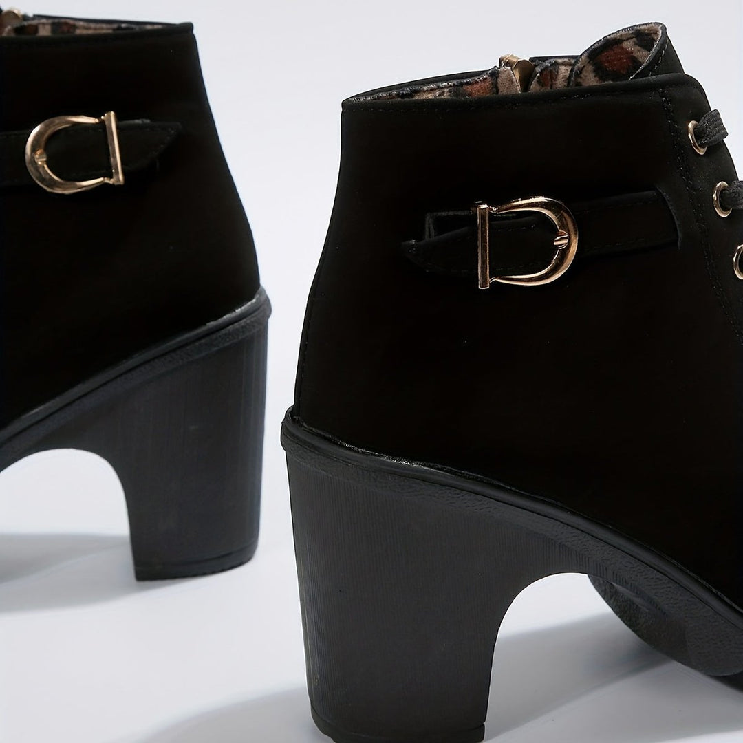Women's Lace-Up Block-Heel Suede Ankle Heeled Boots Buckle Detail