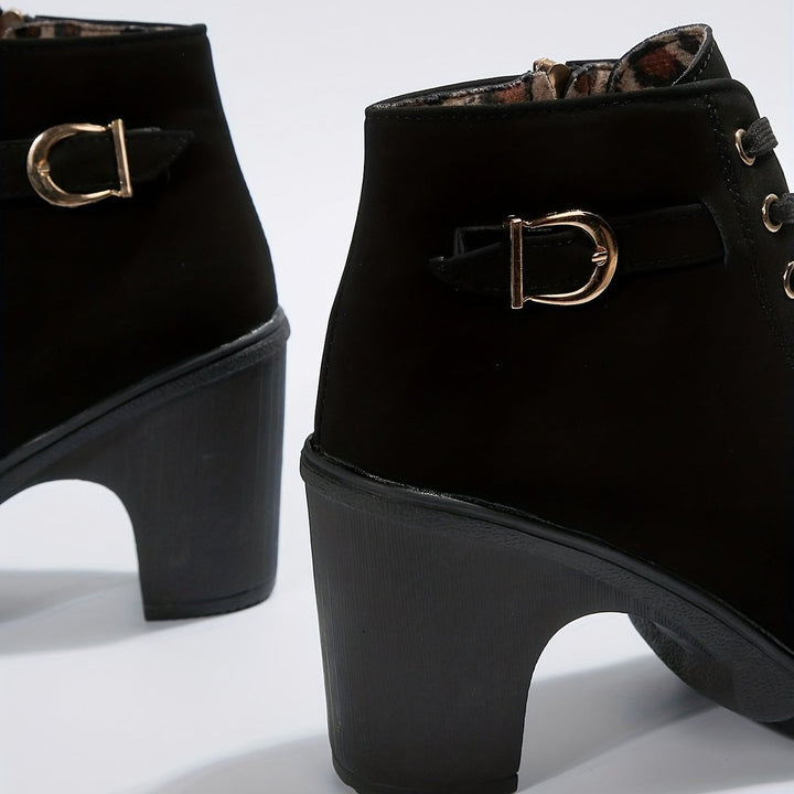 Women's Lace-Up Block-Heel Suede Ankle Heeled Boots Buckle Detail