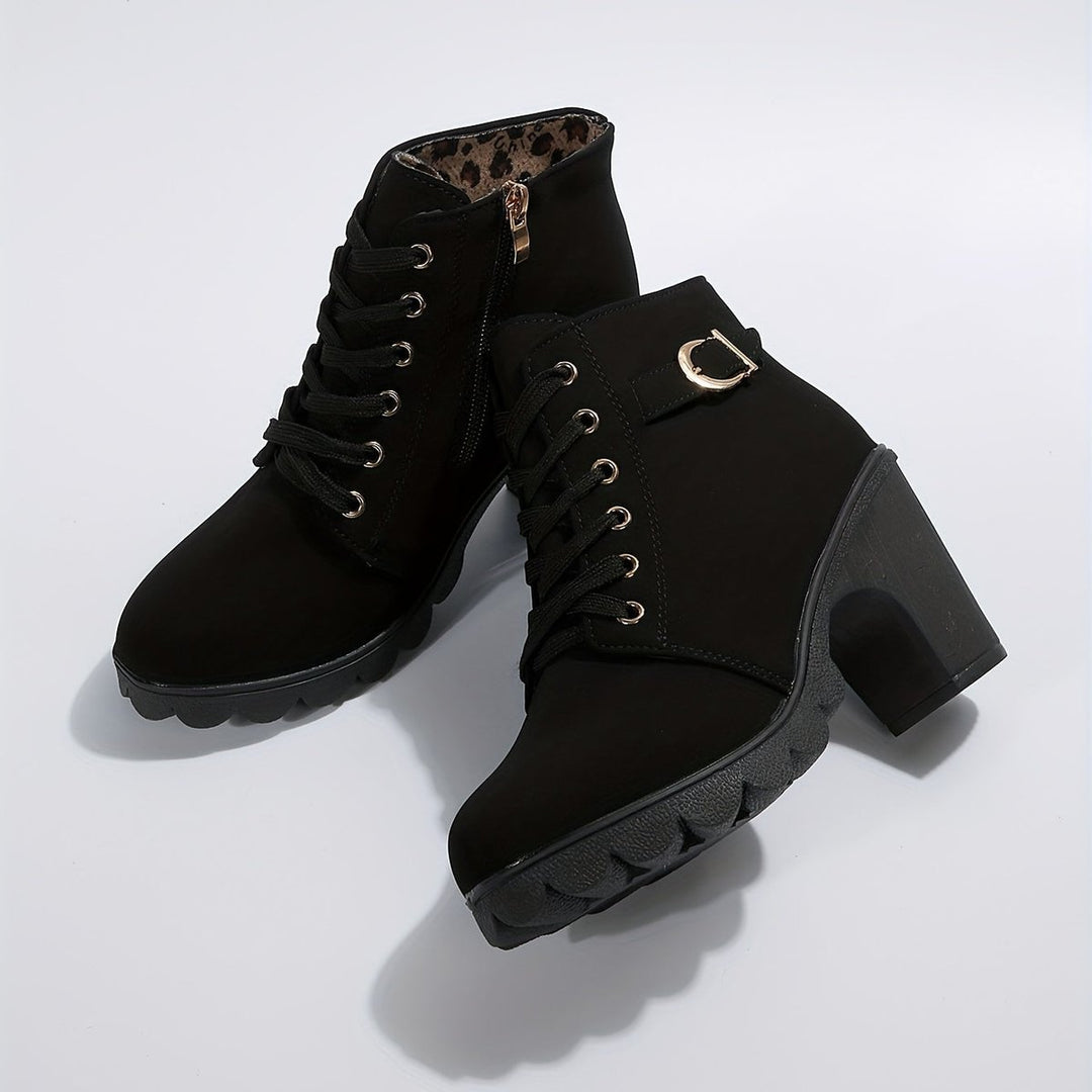 Women's Lace-Up Block-Heel Suede Ankle Heeled Boots Buckle Detail