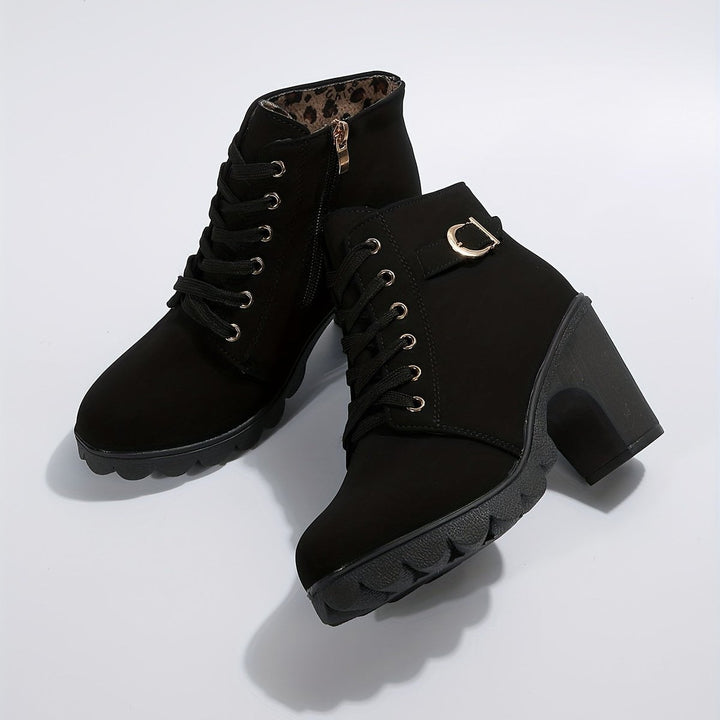 Women's Lace-Up Block-Heel Suede Ankle Heeled Boots Buckle Detail