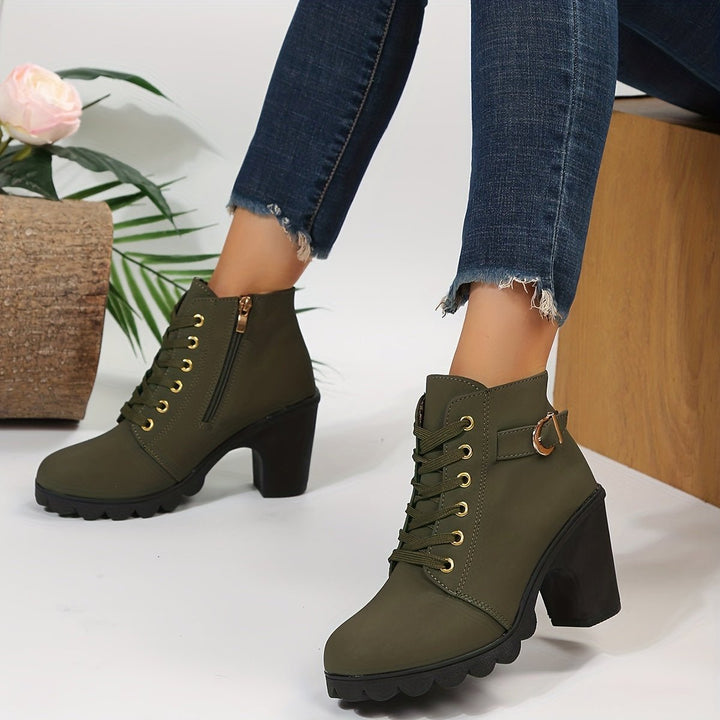 Women's Lace-Up Block-Heel Suede Ankle Heeled Boots Buckle Detail