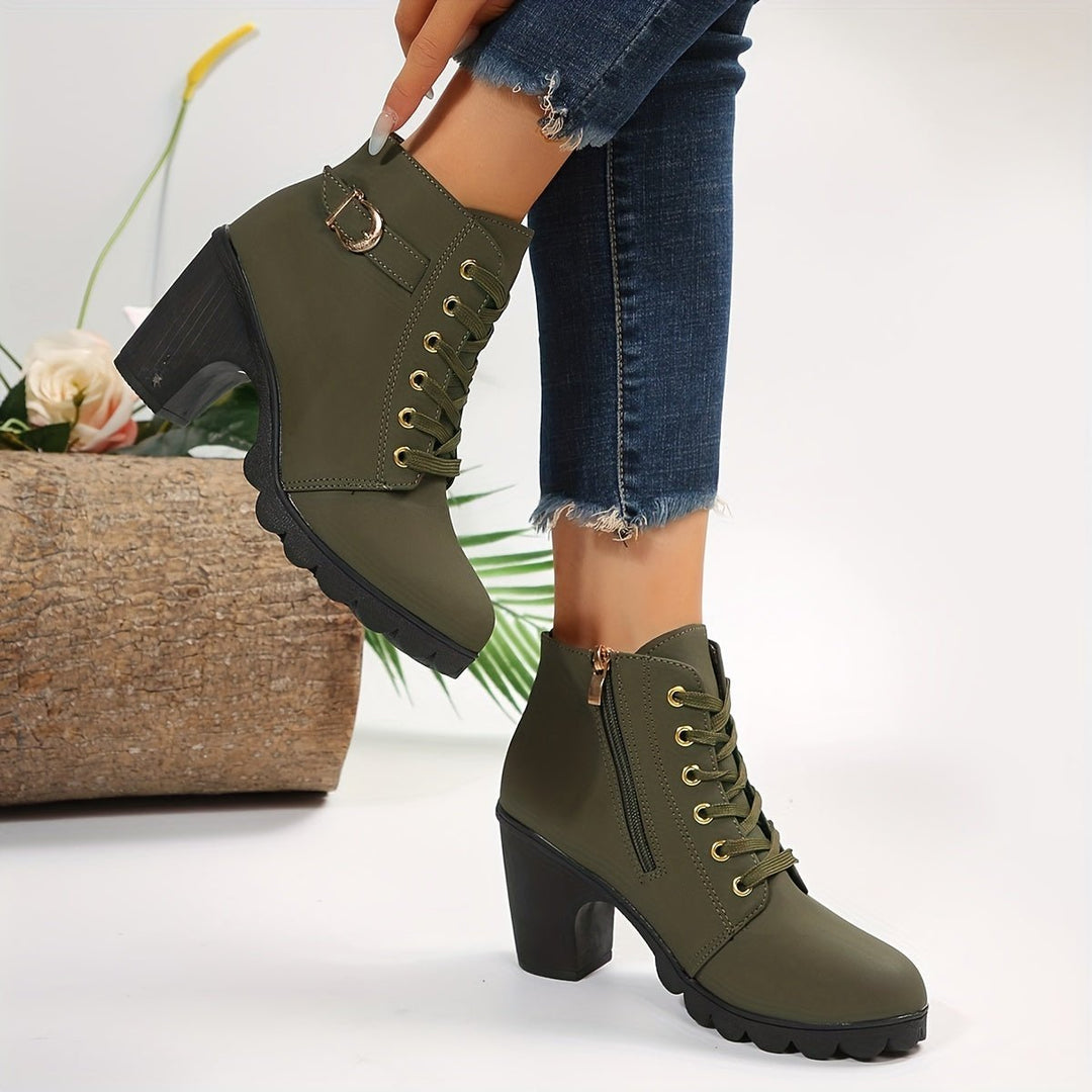 Women's Lace-Up Block-Heel Suede Ankle Heeled Boots Buckle Detail