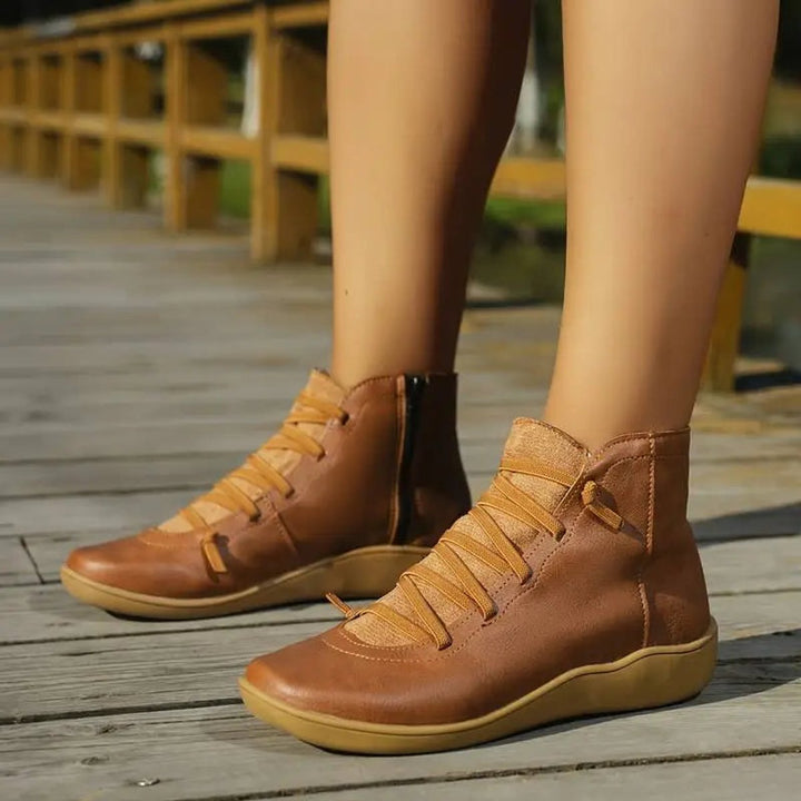 Women's Lace-Up Cross-Strap Flat Ankle Heeled Boots