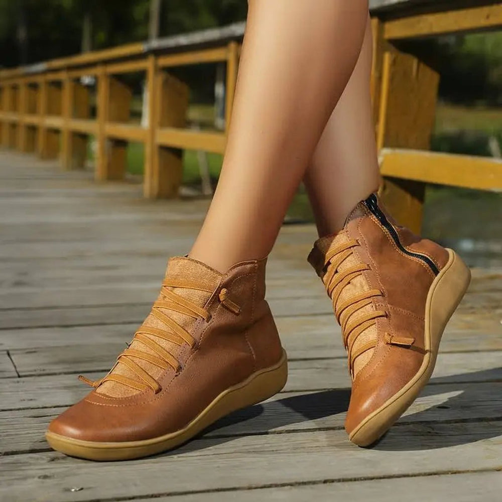 Women's Lace-Up Cross-Strap Flat Ankle Heeled Boots
