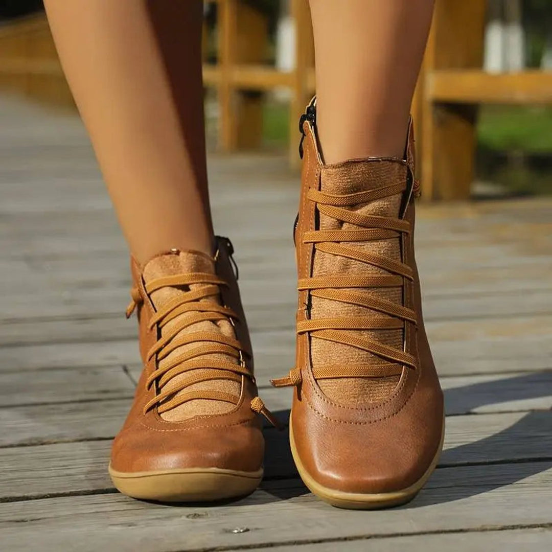Women's Lace-Up Cross-Strap Flat Ankle Heeled Boots