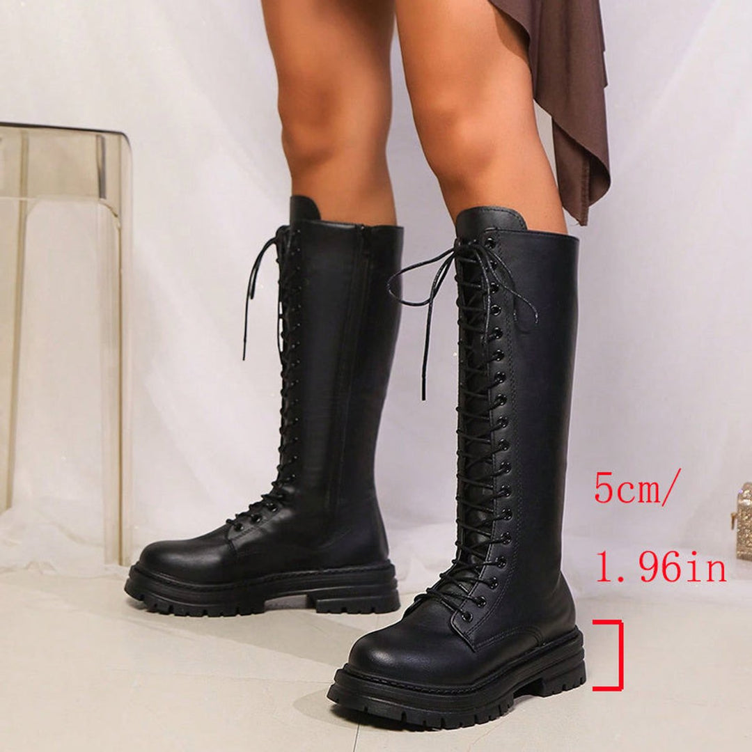 Women's Lace-Up Platform Knee-High Boots Chunky Combat Sole
