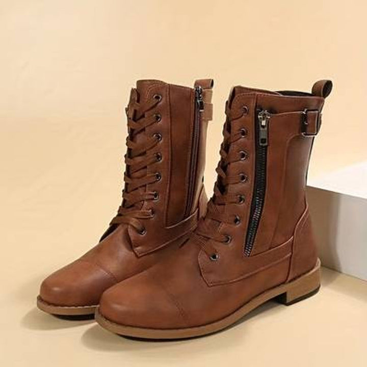 Women's Lace-Up Side-Zip Faux Leather Ankle Heeled Boots