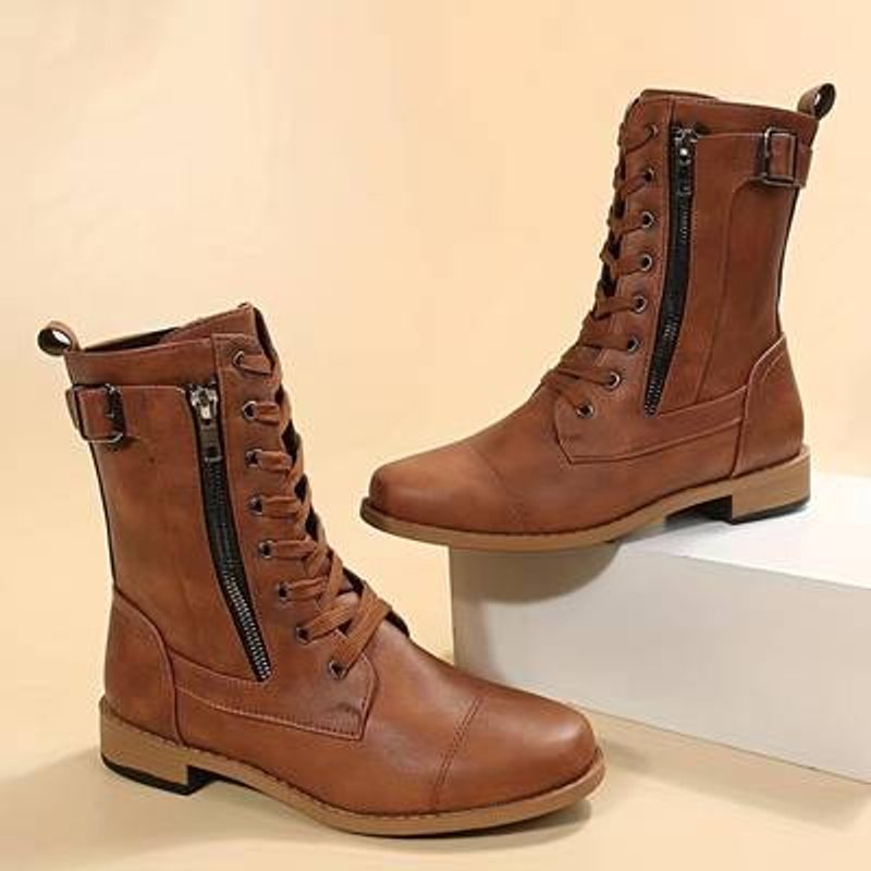 Women's Lace-Up Side-Zip Faux Leather Ankle Heeled Boots