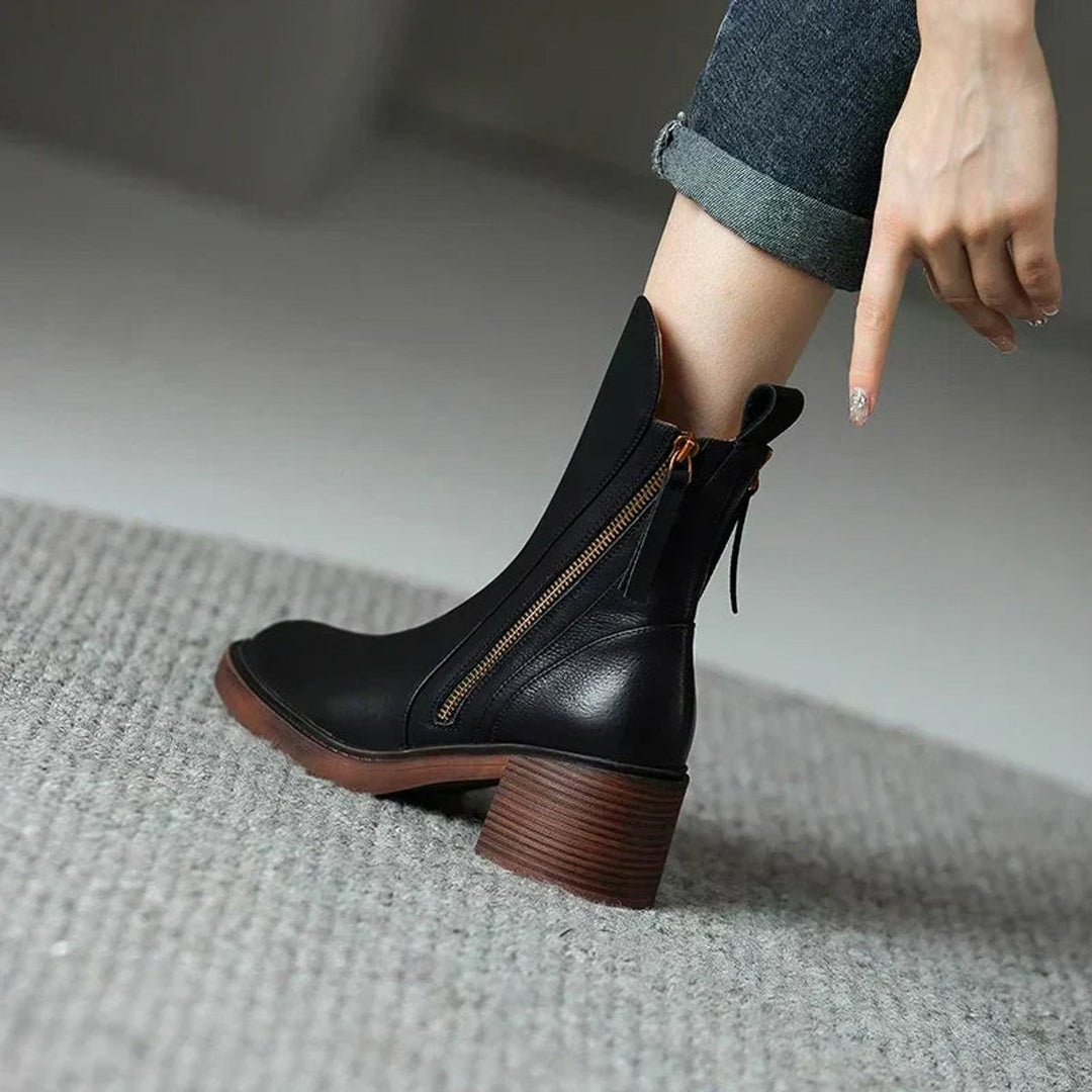 Women's Leather-Look Block Heel Ankle Heeled Boots Back Zip