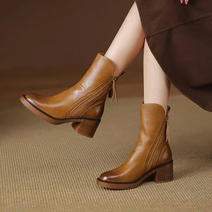 Women's Leather-Look Block Heel Ankle Heeled Boots Back Zip
