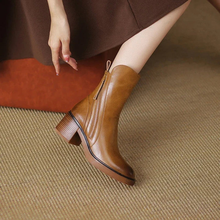 Women's Leather-Look Block-Heel Ankle Heeled Boots Back-Zip