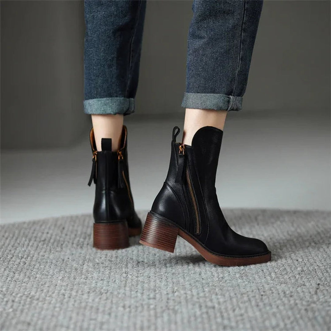 Women's Leather-Look Block Heel Ankle Heeled Boots Back Zip