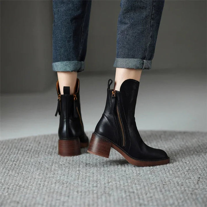Women's Leather-Look Block Heel Ankle Heeled Boots Back Zip