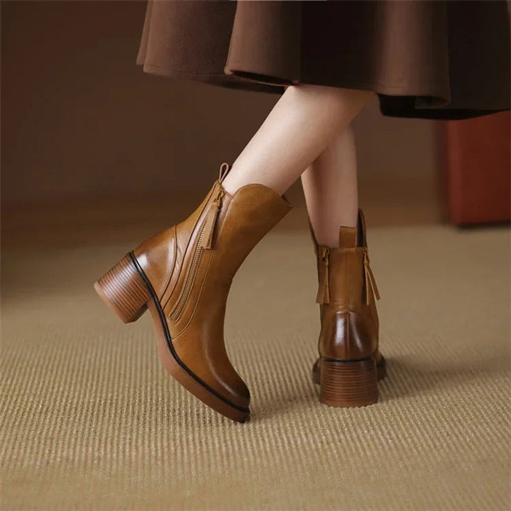 Women's Leather-Look Block Heel Ankle Heeled Boots Back Zip