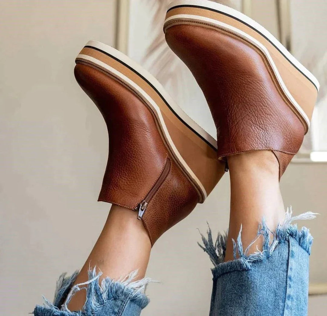 Women's Leather-Look Side-Zip Platform Ankle Heeled Boots