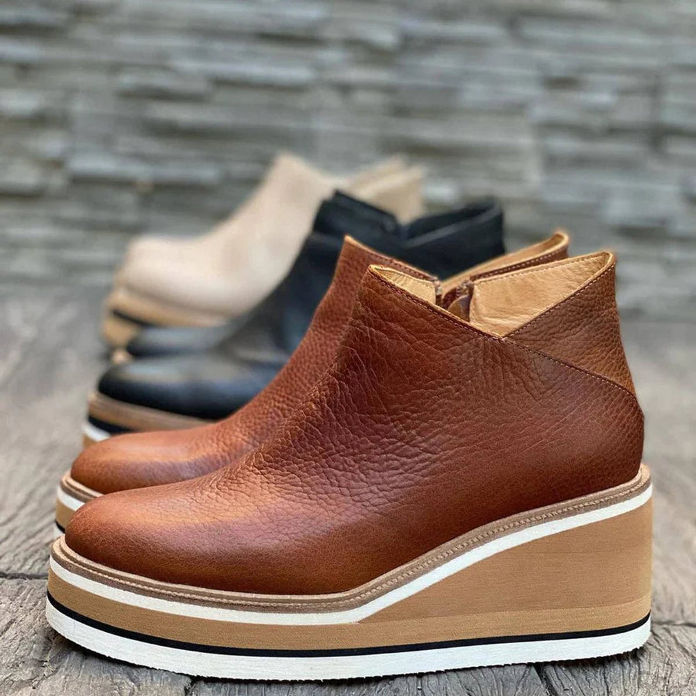 Women's Leather-Look Side-Zip Platform Ankle Heeled Boots