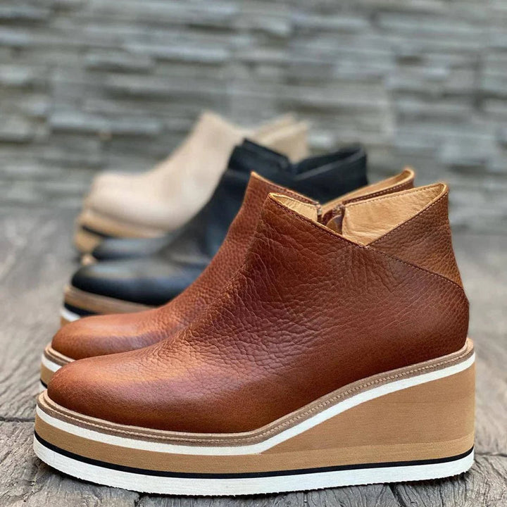 Women's Leather-Look Side-Zip Platform Ankle Heeled Boots