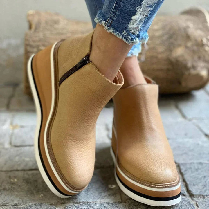 Women's Leather-Look Side-Zip Platform Ankle Heeled Boots