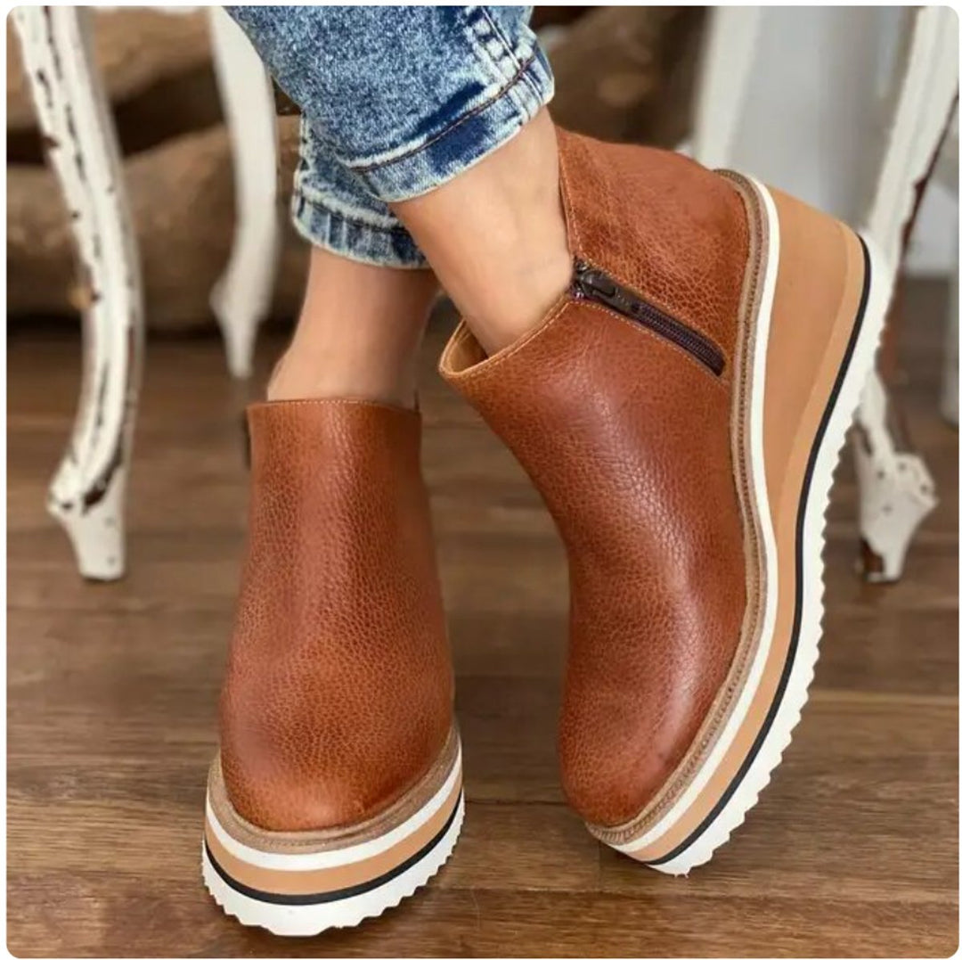 Women's Leather-Look Side-Zip Platform Ankle Heeled Boots