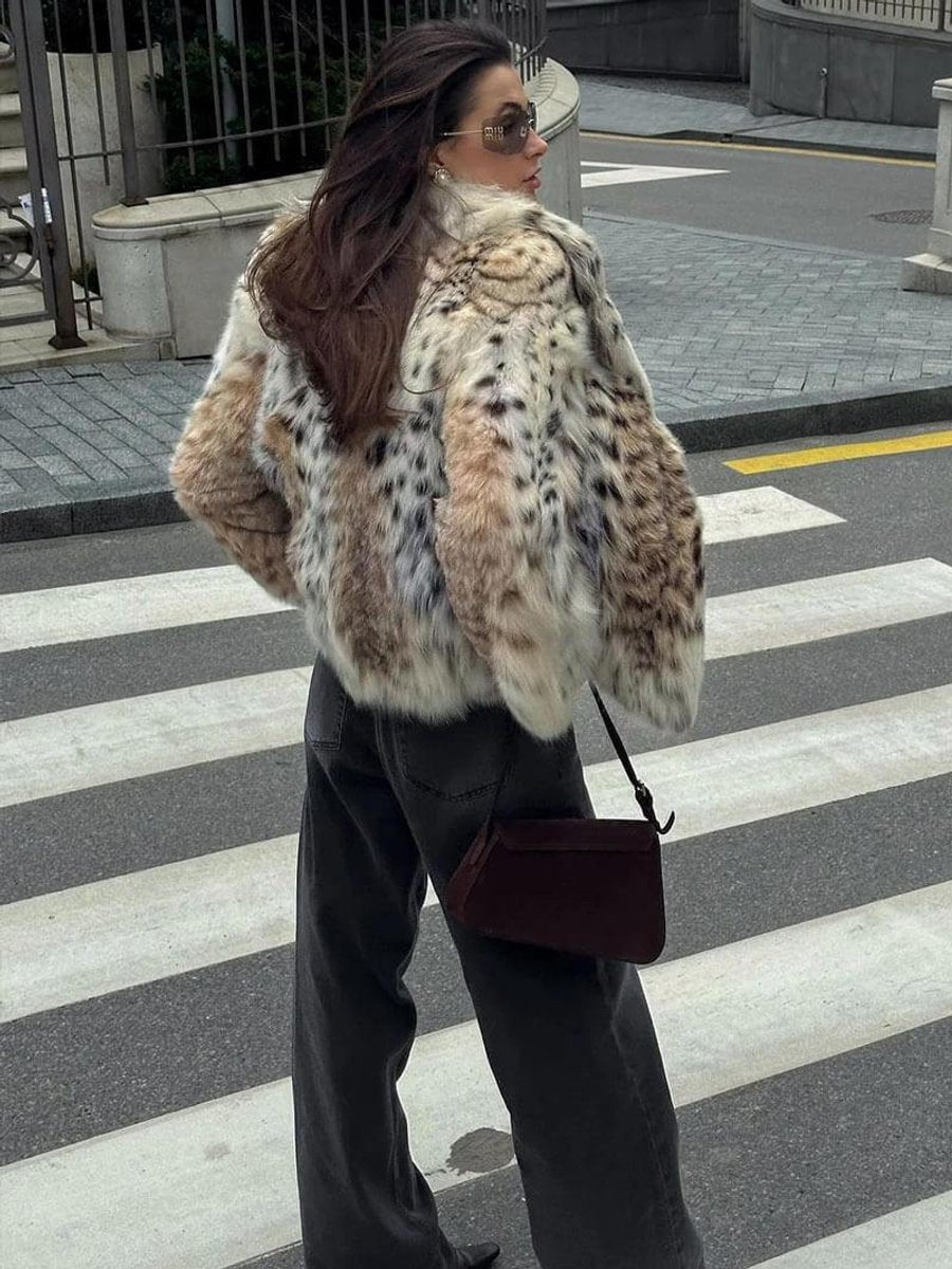Women's Leopard Print Cropped Faux Fur Coat