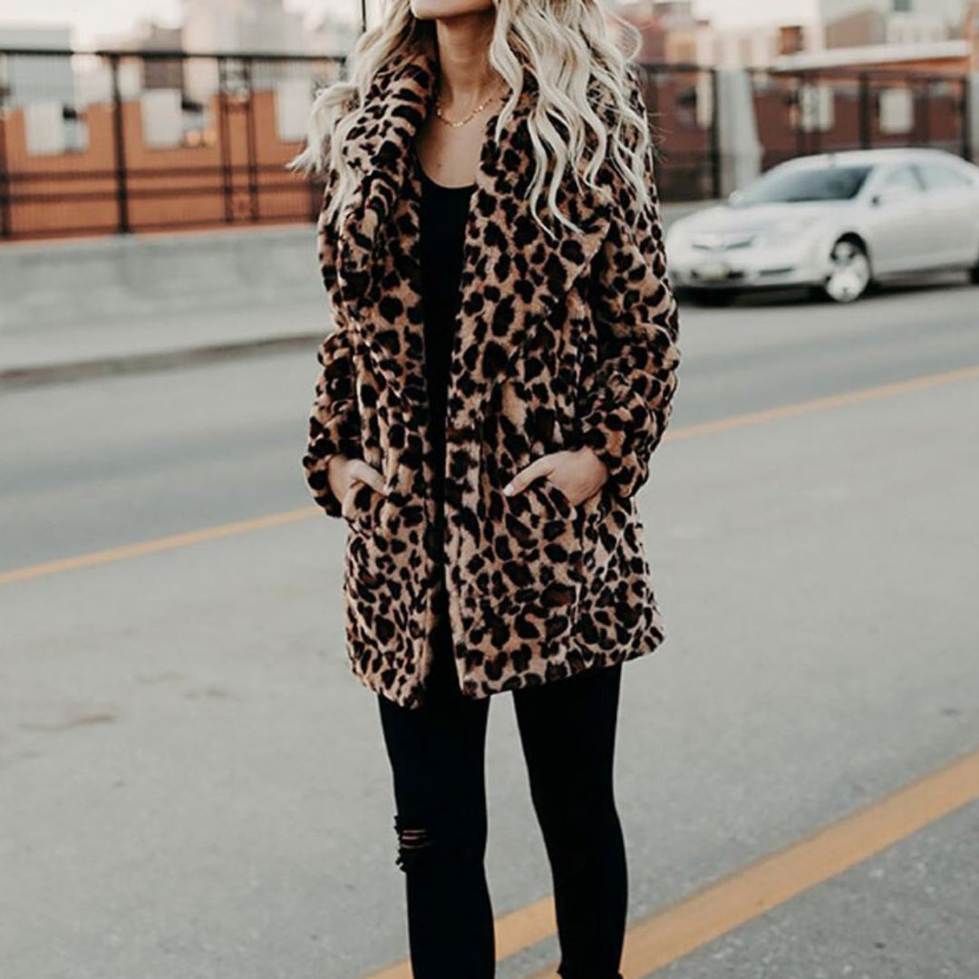 Women's Leopard Print Open-Front Faux Fur Coat