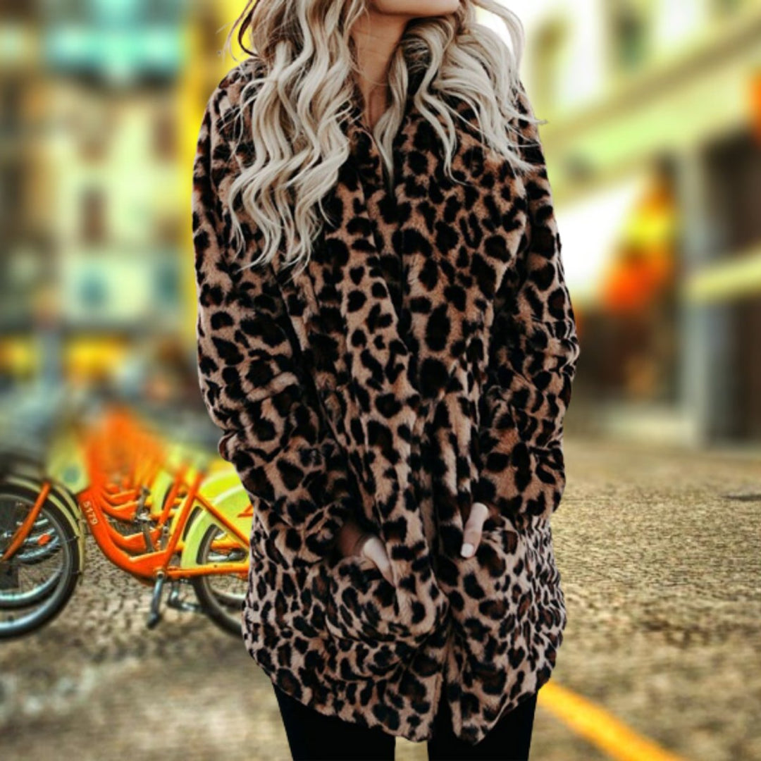 Women's Leopard Print Open-Front Faux Fur Coat